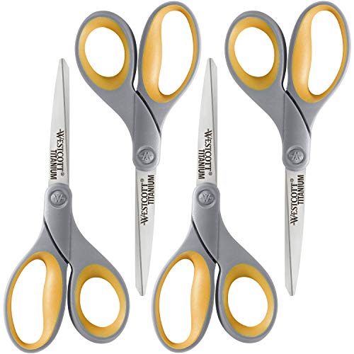 Westcott 8-Inch Titanium Bonded Scissors for Home, Office, and Classroom - Perfect for Cutting Paper, Sewing, and Crafts - Heavy-Duty Design with Soft Handle - Gray/Yellow - 4-Pack - size: 4-Pack