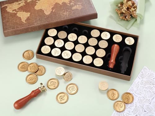 Yoption Handwritten Initial Alphabet Wax Seal Stamp Kit, Letter A-Z | 26pcs Brass Stamp Head with 2 Wooden Handles for Wedding Invitations, Envelopes, Christmas, Snail Mails, Gifts Wrap - style: A-Z Kit