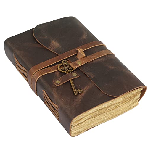 Leather Journal with Deckle Edge Paper 8x6 inch and Vintage Key | Handmade Writing Notebook Diary | Bound Daily Notepad for Men & Women Medium, Sketch/Writing pad for Artists - color: Brown, size: 9 x 6, style: Lined Deckle Paper