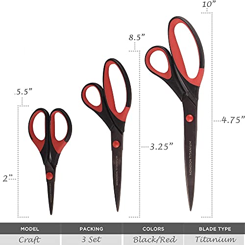 JubileeYarn Titanium Softgrip Scissors Set for Sewing, Arts, Crafts, Office - 3 Sets of 3 - Black w/Red Inlays - color: 3pc Black W/ Red Inlays, size: 3 Sets