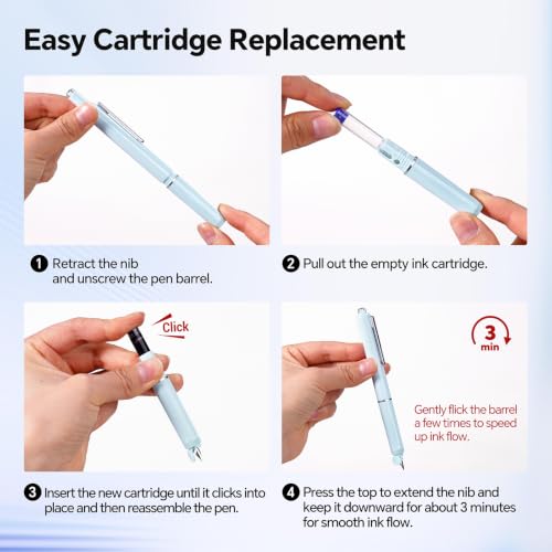 WRITECH Clictek Fountain Pen Fine: Retractable Black Ink with 10 Cartridges - color: Blue