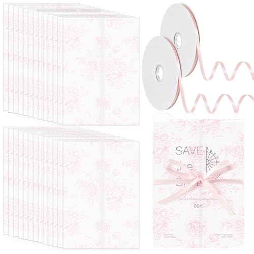 100 Pcs Pre Folded Floral Vellum Jackets for 5x7 Invitations, Wedding Translucent Vellum Paper with Ribbon, Envelope Liners for Wedding Bridal Baby Shower Birthday Mother Event(Pink) - color: Pink