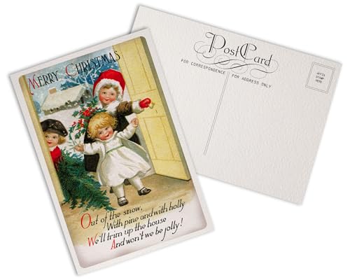 Retro Friends Antique Christmas Post Cards on Luxury Antique Textured Cardstock - 24 Vintage Christmas Postcards - 12 Assorted Holiday Illustration Cards