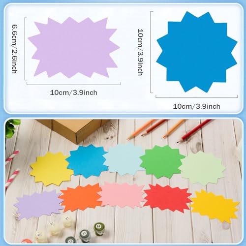 MixTeach 360 Pcs Multicolor Starburst Signs Cutouts in 2 Styles, Blank Round Rectangle Starburst Cutout Paper Star Burst Tag 4 Inch Starburst Shape Accents for Retail Garage Sale Bulletin Board Decor - style: Round and Rectangle