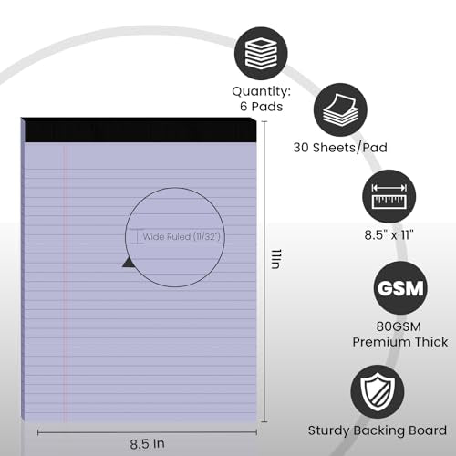 6pcs Legal Pads 8.5 x 11, Purple Notepads 8.5 x 11 In, Perforate Wide Ruled - color: Purple-6