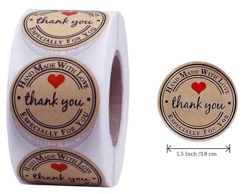 1.5 Inch Handmade with Love Stickers,500Pcs Thank You with Love Heart Sticker Baked Stickers Paper Lables Tags for Baking Packaging,Homemade Gift,Envelope Seals,Party Gift Wrap Bag (Brown01) - color: Brown01