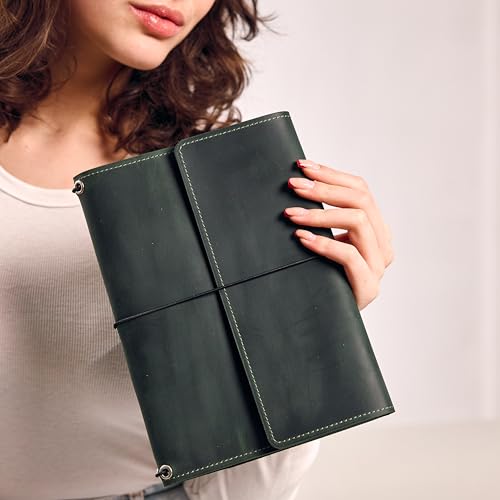 Genuine Leather Regular Notebook Cover 4.5" x 8.5" – Handmade Refillable Journal Cover with Card Pockets, Pen Holder & 3 Elastic Bands – Trifold Notebook Case (Paper Not Included), Green - size: Regular