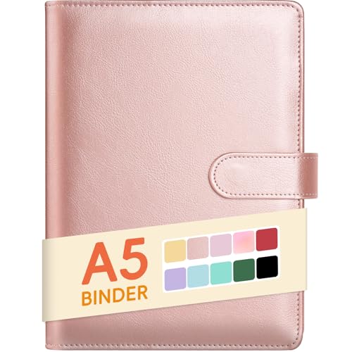Sooez A5 Notebook Photocard Binder, 6 Ring Planner with Stylish Design, Loose Leaf Personal Organizer Cover with Magnetic Buckle, PU Leather Binder with Soft Colors (Rose Gold) - color: Rose Gold, size: A5