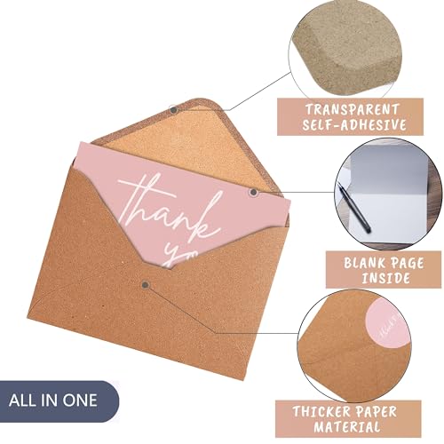 Layneria 100 Bulk Pink Thank You Cards with Kraft Envelopes and stickers - 4 Minimalistic Designs Blank Thank You Notes with Envelopes for business Wedding Bridal Gift Baby Shower Business Graduation - color: Pink and White