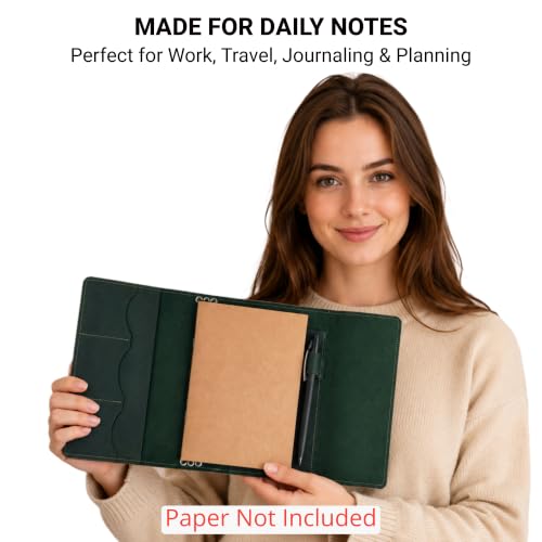OMBUO Full-Grain Leather A5 Journal Cover – Refillable Traveler’s Notebook Case with 3 Elastic Bands, Pen Loop & Card Pockets – Fits A5/Half-Letter Inserts (Paper Not Included), Green