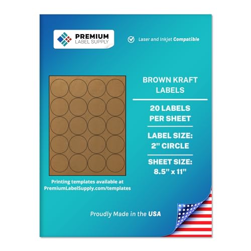 Premium Label Supply Brown Kraft Sticker Round Labels – 2" Circle – Laser/Inkjet Compatible – (20 per Sheet), 500 Sheets – 10,000 Total Adhesive Labels - size: 10000 Labels