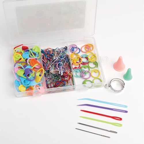 OVVINNA Crochet Stitch Markers Set with Storage Box, 3 Types Colorful Stitch Markers, Yarn Guide Ring, Needle Caps, Plastic and Metal Yarn Needles for Knitting, Crochet and Yarn Crafts