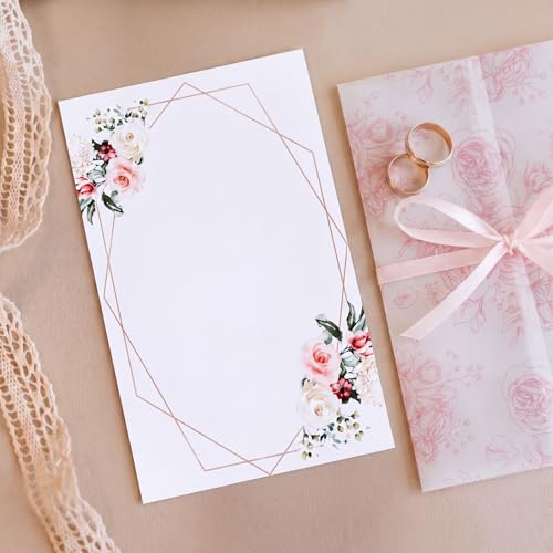 100 Pcs Pre Folded Floral Vellum Jackets for 5x7 Invitations, Wedding Translucent Vellum Paper with Ribbon, Envelope Liners for Wedding Bridal Baby Shower Birthday Mother Event(Pink) - color: Pink