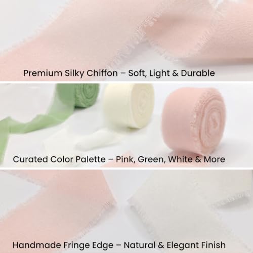 1" x 27 Yd Chiffon Silk Ribbon Set - 3 Rolls Handmade Fringe Fabric - color: PINK,GREEN,IVORY