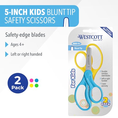 Westcott 5" Hard Handle Kids Scissors, Blunt, Assorted Colors, 2-Pack