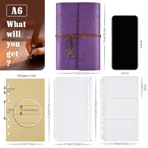 OMEYA 6 Pack A6 Refillable Leather Journals,Bulk Gift for Women, Coworkers | 5" x 7", 100 GSM Lined Paper, 160 Pages Each, 2 Pockets, Vintage Travel Journals for Writing, Gifts for Teacher, Staff - style: 6-pack of Dandelions