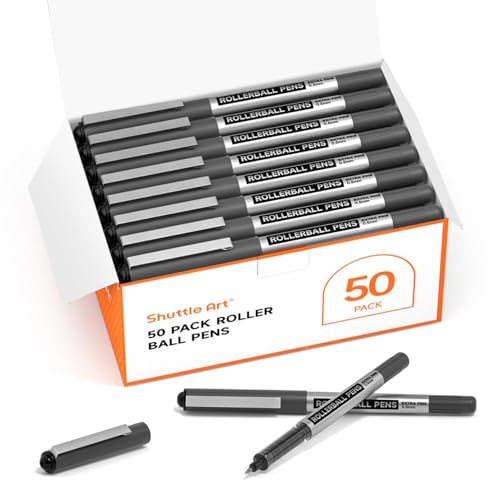 Shuttle Art RollerBall Pens, 50 Pack Black Fine Point Roller Ball Pens, 0.5mm Liquid Ink Pens for Writing Journaling Taking Notes School Office - color: Black, size: 1 Count (Pack of 50)