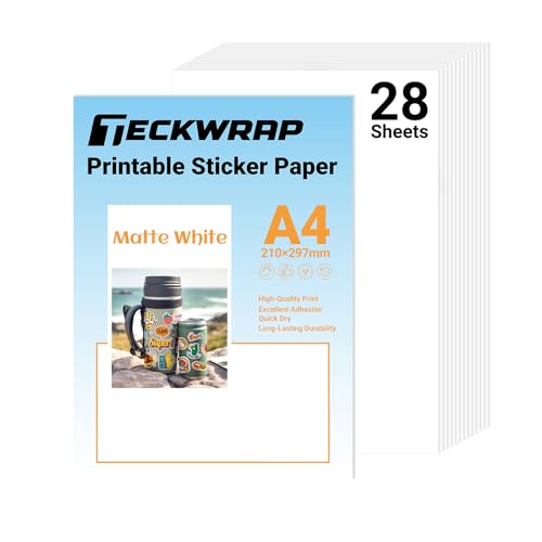 TECKWRAP Printable Vinyl Sticker Paper for Inkjet Printer Matte White Printable Sticker Paper Waterproof 8.26" x 11.69" A4 Size 28Pcs/Pack for Photo, Scrapbooking, Craft Cutters - color: 28PCS Matte White