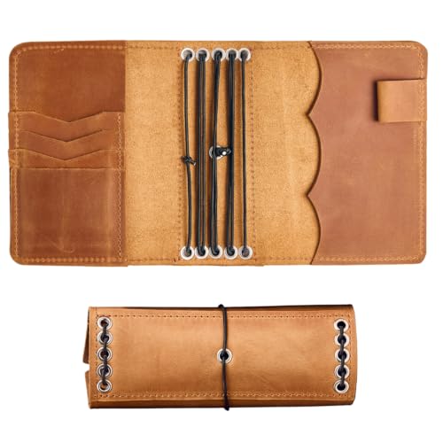 TORAKIP Leather Journal Cover A6 – Handmade Refillable Notebook Cover Fits A6 Inserts 4.1" x 5.8", With 2.2" Spine, 5 Elastic Bands, Pen Holder & Card Pockets (Paper Not Included), Caramel Brown - size: A6
