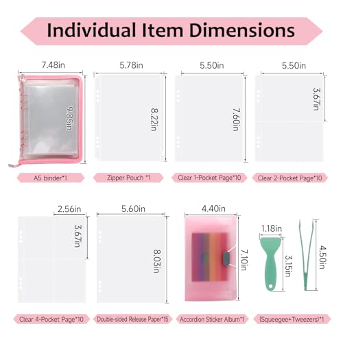 8-in-1 Sticker Organizer Binder, High‑Capacity A5 Reusable Sticker Book Collecting Binder with Storage Pages, Release Paper, Zipper Pouch, Mini Accordion Sticker Storage Album, Tweezers and Squeegee - color: Pink