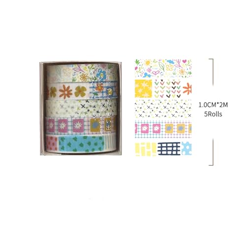 Cute Pattern Washi Tape Set 5 Rolls Glitter Cover Decorative Wide Kawaii Masking Tapes for Arts, DIY Crafts, Journals, Planners, Scrapbook, Wrapping (7 Floral Garden) - color: 7 Floral Garden