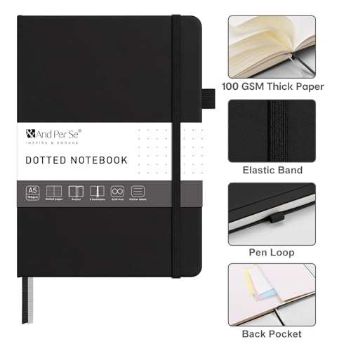 &And Per Se Dotted Journal – A5 Hardcover, Dot Grid Notebook for Planning & Journaling, 160 Pages 100gsm Paper, Stickers - 5.7”x8” (Black) - color: Black, style: Dotted 160 pages
