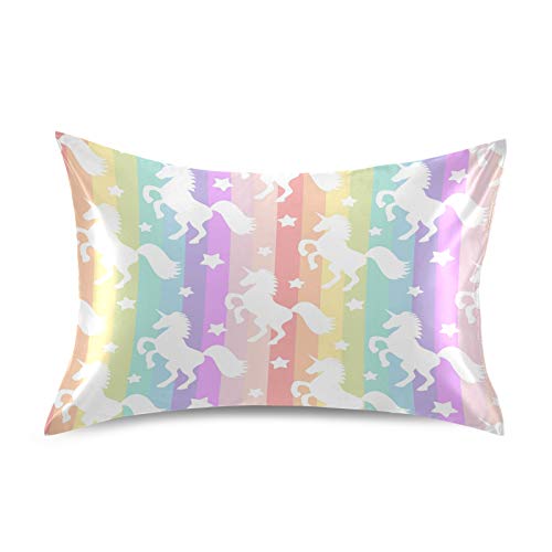 Satin Pillowcase for Hair and Skin, Standard Size Cute Licorne Rainbow Stripe Decorative Pillow Sham with Envelope Closure Pillow Cover for Bedroom Hotel - color: Unicorn, size: 20x26in