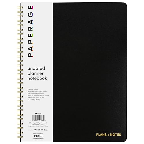 PAPERAGE Undated Daily Planner & To Do List Notepad (Black), 8.5 in x 11 in, Spiral Bound Planner Notebook for Work, School or Home, 104 Lined Pages With Date Tracker for Plans & Notes - color: Black, style: Spiral Large