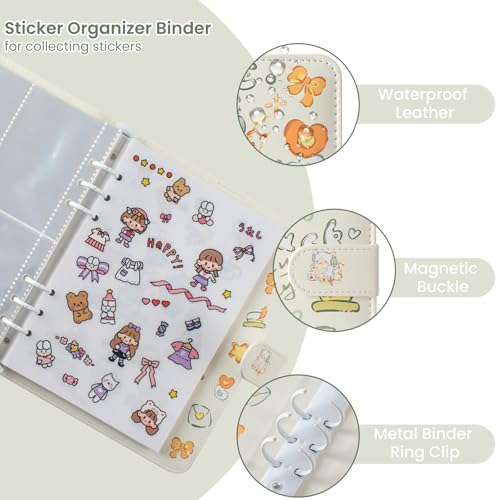 Reusable Sticker Book Collecting,A5 Binder Album Storage Organizer with Blank Release Paper and Pocket for Adult Kids,Cartoon Leather Binder Cover & Magnetic Buckle Closure(Beige) - color: Beige
