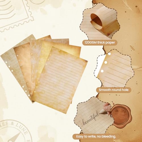 100 Sheets Vintage A5 Refills Papers for Planner Insert Binder, 120GSM Thick Antique Retro Notebook Fillers, Aged Look 6 Hole Loose Leaf Papers for Old Fashion A5 6 Ring Binder Journal Diary Budget - color: Vintage
