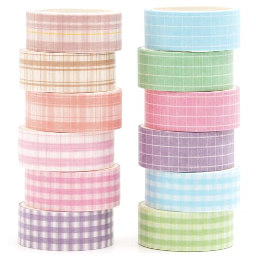 12 Rolls Grid Washi Tape Set Plaid Arts Adhesive Tapes Basic Patterns Decorative Masking Tape Sets for Craft, Kids, Scrapbook, DIY, Gift Wrapping (Style Four) - color: Style Four