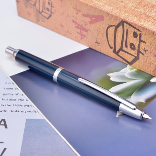 Jinhao 20 Press Fountain Pen, Dark Blue Retractable Medium Nib with Ink Converter Set (Silver Clip) - color: Dark Blue (Silver Clip), style: Medium