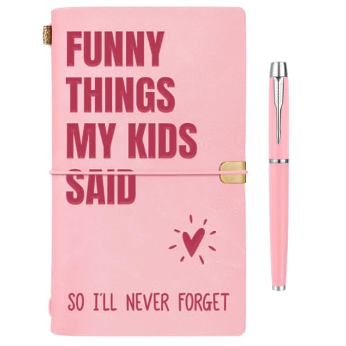 New Mom Gifts - Pink “Funny Things My Kids Said” Leather Journal with Pen - color: Pink
