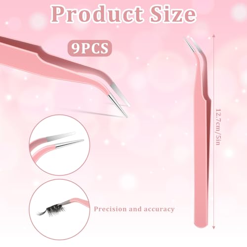 9 Pcs Precision Tweezers, Stainless Steel Craft Tweezers for Crafting, Curved Tweezer Multipurpose Pointed Long Tweezer for Crafting DIY Bead Jewelry Making, Scrapbooking, Crafts, Nail Art (Pink) - color: Pink