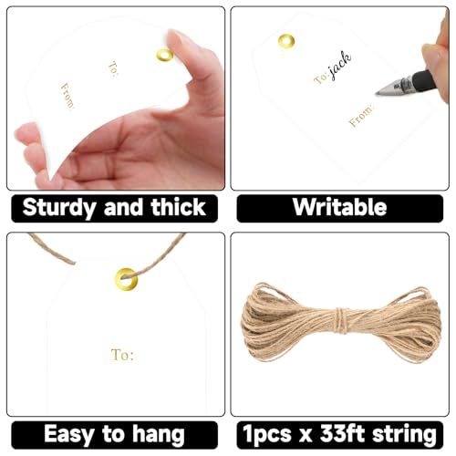 G2PLUS to and from Tags - 50Pcs Gift Tags with String, 3.3x2.2 in White Paper Name Tag, Foil Gold Party Favors Hangtag for Birthday, Wedding, Christmas - style: to from-Gold Hole Dots
