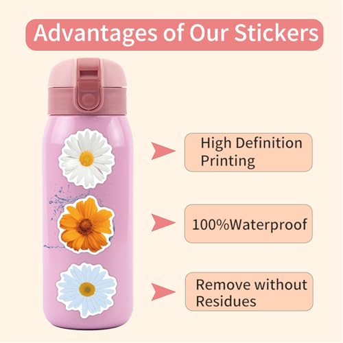 Cute Daisy Stickers 55PCS Beautiful Plants Waterproof Flower Stickers for Water Bottles Laptop Luggage Journaling, Party Rewards Waterproof Vinyl Decals for Kids Teens Adults (Colourful) - color: Colourful