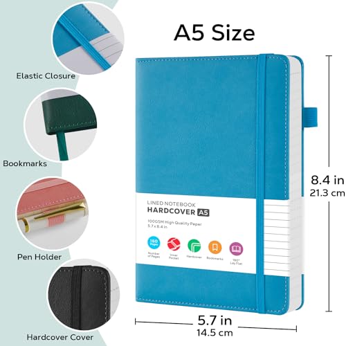 FOCUS DAY 2 Pack Lined Notebook Journals for Women/Men Work, A5 Leather Journal Notebook with Pen Loop, 100Gsm Premium Thick Paper, Inner Pocket, Medium 5.7"x8.4", Blue & Black - color: Black Blue