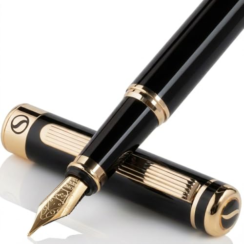 Scriveiner Luxury Fountain Pen - Stunning Black Lacquer Pen, Real Gold Finish, Schmidt Gilded Nib (Extra Fine), Converter, Best Pen Gift Set for Men & Women, Professional, Executive, Office, Nice Pens - color: 1. Black with Gold, style: Extra Fine Nib