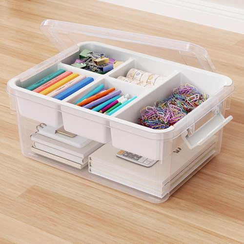 20Qt Stackable Storage Bin with Lid Tray Craft Box Organizer, 1Pack,WH | Clear Plastic Latching Boxes Organizers with Dividers Portable Containers for Arts & Crafts, Home Office Classroom Car Trunk - color: Clear White, size: 20QT-1Pack