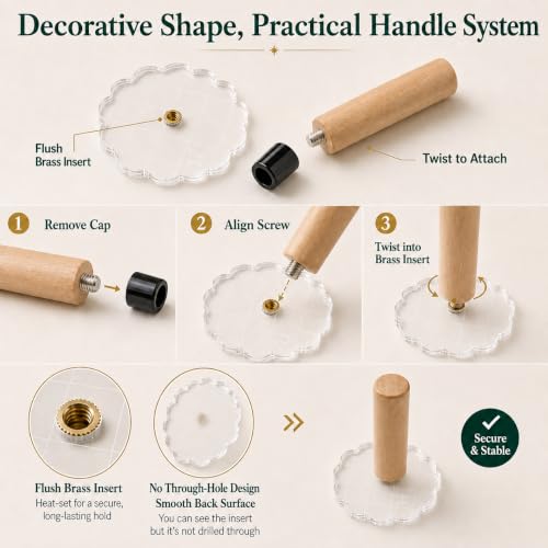 Clear Acrylic Stamp Block Set with Detachable Wooden Handle, 6 Scalloped Edge Acrylic Stamping Blocks with 1/2in Grid, Silicone Mat & Storage Case for Card Making, Scrapbooking, Journaling