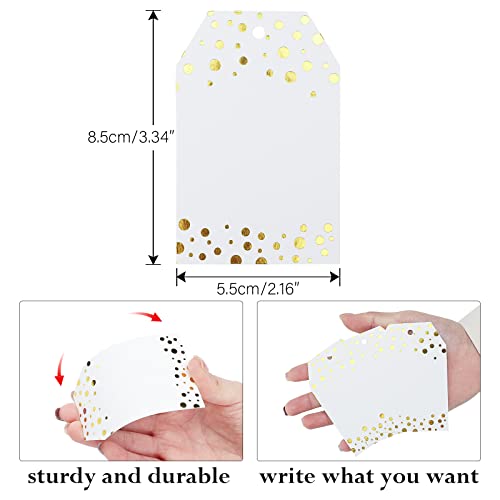 G2PLUS Gold Foil Dots Gift Tags, 50 Pcs White Paper HangTags with String, Metallic Gold Dots Present Tags, Personalized Blank Labels for Wedding, Birthday, Party Favors (3.34"×2.16") - style: Blank-Gold Dots
