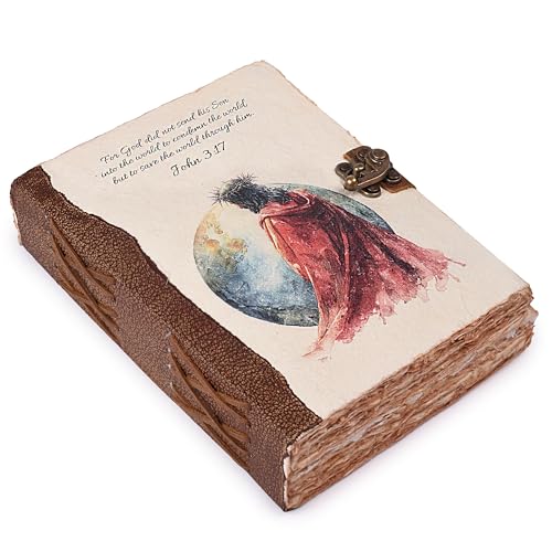 LEATHER VILLAGE Christian Journal Soft Cover Verse, Heritage Brown 8x6. | John 3:17 printed cover, 200 pages of blank deckle edge cotton paper, 8x6 in, antique lock, devotional gift journal - color: JOHN-3:17