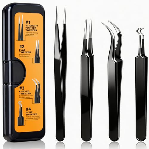 G.CATACC 4-Pack Precision Tweezers Set, Curved and Pointed Tweezer | For Craft, Electronics, Soldering, Jewelry, Lab Work, Eyelash Extension, Blackheads, Ingrown Hair Removal, with Case