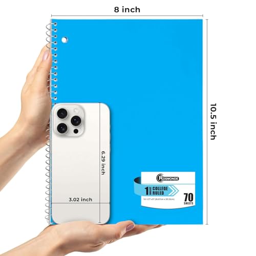 Rosmonde 24 Pack Bulk Spiral Notebook, 1 Subject, College Ruled, 70 Sheets | Spiral Notebook Bulk, 8 x 10-1/2", 3 Hole Punched, Single Subject Bulk College Ruled Notebooks for School, Assorted Colors - size: 24 Pack, style: 1 Subject - Soft Cover
