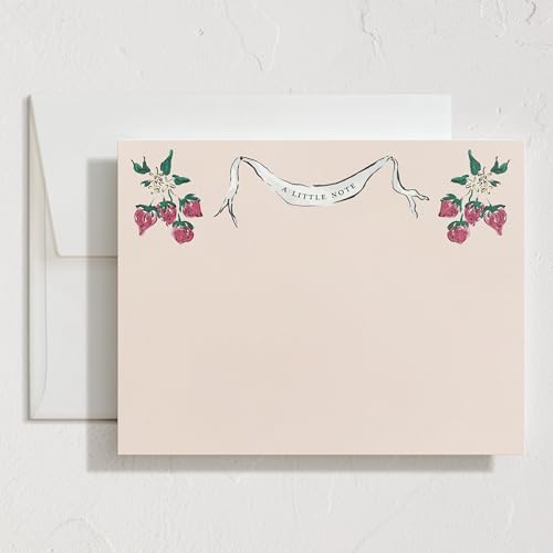 Minted Strawberry Queen Stationery Set, Set of 10, Flat Note Cards & Envelopes for Invitiations and Handwritten Thank You Messages, Strawberries & Vintage Banner, Gifts for Women, Luxurious Paper - color: Strawberry Queen