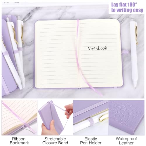 Aodaer 50 Sets Pocket Notebook Journal with Pens, 160 Pages, 3.5 x 5.5 Inch Mini Lined Journal Notebook A6 Leather Hardcover College Ruled Notepad with Pen Holder for School Office Gifts, Lavender - color: Lavender