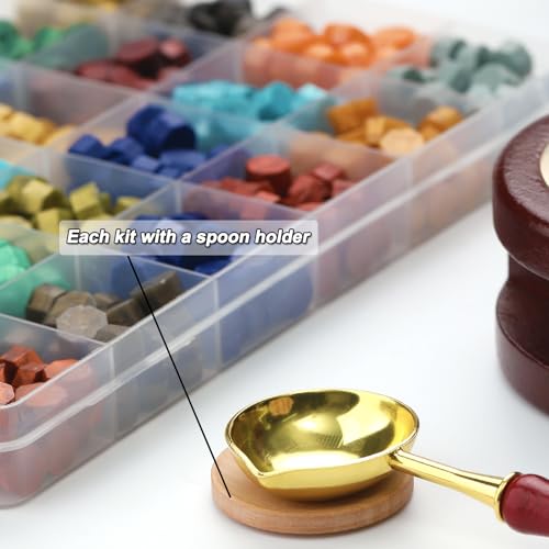 Wax Seal Beads Kit 48 Colors Metallic Gold & Light Color Series 1200 Sealing Beads with Wax Seal Warmer, Spoon & Holder, Stirring for Wedding Invitation Letter Envelopes Wine Bottle Sealing Decor - color: Gold & Light
