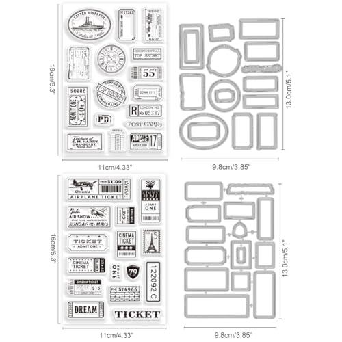 INFUNLY 2 Set Vintage Tickets Clear Stamps and Dies Airplane Receipts Stamp and Die Cuts Retro Stamps Labels Silicone Stamp Borders Embossing Template for Card Making DIY Scrapbooking Album Decor - style: Tickets