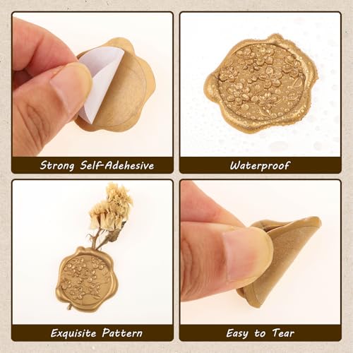WSICSE Wax Seal Stickers, 60 Pack, Light Gold, 1.2Inch, 4 Styles - color: 4 Flower Styles- Light Gold
