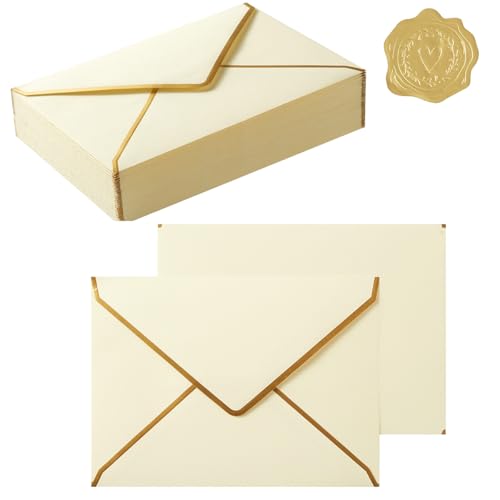 50 Pieces 4x6 Envelopes with Gold Stickers, Cream Color, 4.25x6.25 Inch | Gold Border Included, For Greeting Cards and Invitations - color: Cream Color, size: A4-4x6